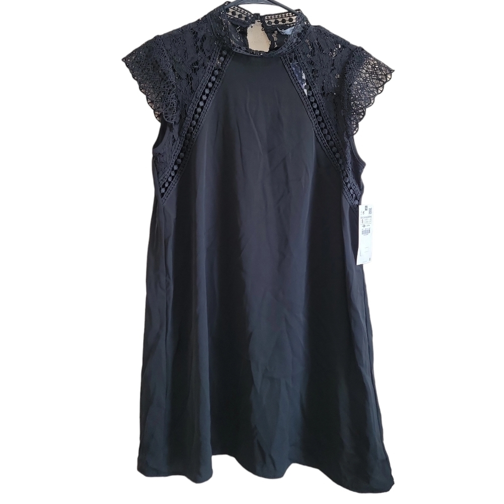 Zara Mock Neck Lace Short Sleeve Black Dress Size Small NWT